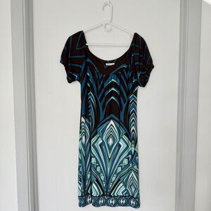 ROBBIE BEE women's flowy beach dress multi printed short sleeve. Size Large